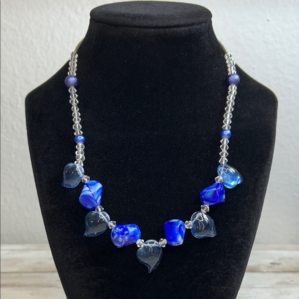 Blue Glass Hearts Beaded Necklace